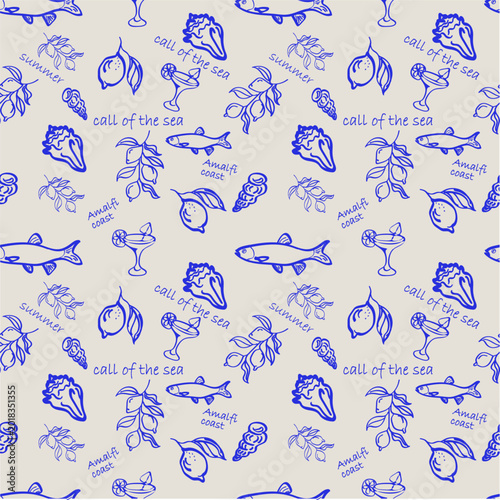 Amalfi Coast, the Call of the Sea. Doodle-style seamless pattern with vector images of fish, lemons, seashells, and cocktails.
