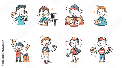 Mail Carrier Emotions: A collection of charming illustrations depicting the varied emotions of a mail carrier throughout their day, from joyful deliveries to frustrating delays.