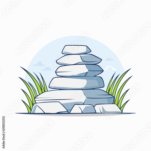 Stacked Zen Stones with Grass and Sky