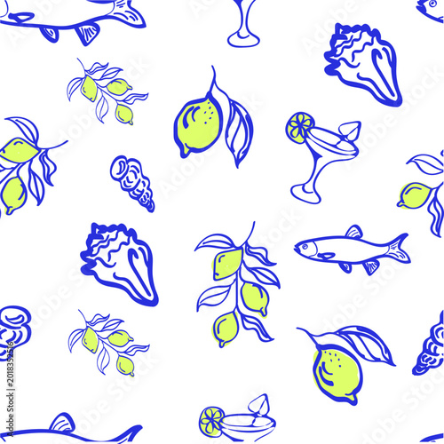 Amalfi Coast, the Call of the Sea. Doodle-style seamless pattern with vector images of fish, lemons, seashells, and cocktails.
