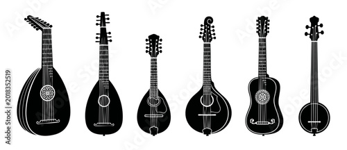 Bild auf Leinwand Vintage Stringed Instruments Silhouette Collection, Lute Mandolin and Ukulele Ic