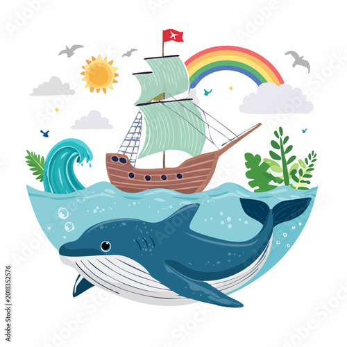 Whale and Sailboat Under Rainbow