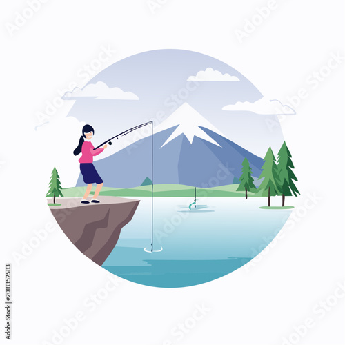 Woman Fishing by a Mountain Lake