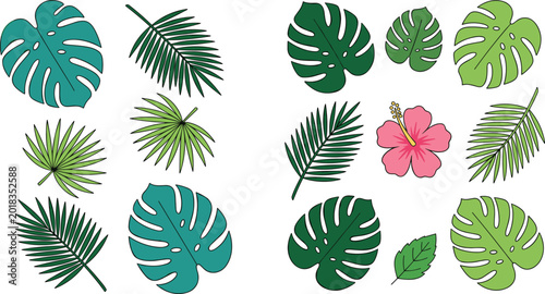 Tableau sur toile Tropical leaves and hibiscus flower vector set featuring monstera palm fronds and exotic jungle foliage for summer vacation beach party and botanical garden design concepts