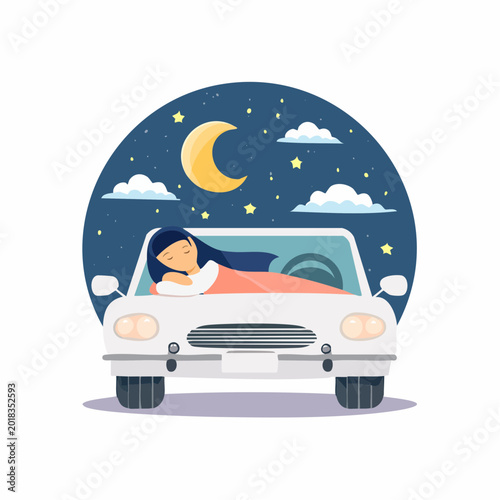 Woman sleeping in car at night under moon and stars