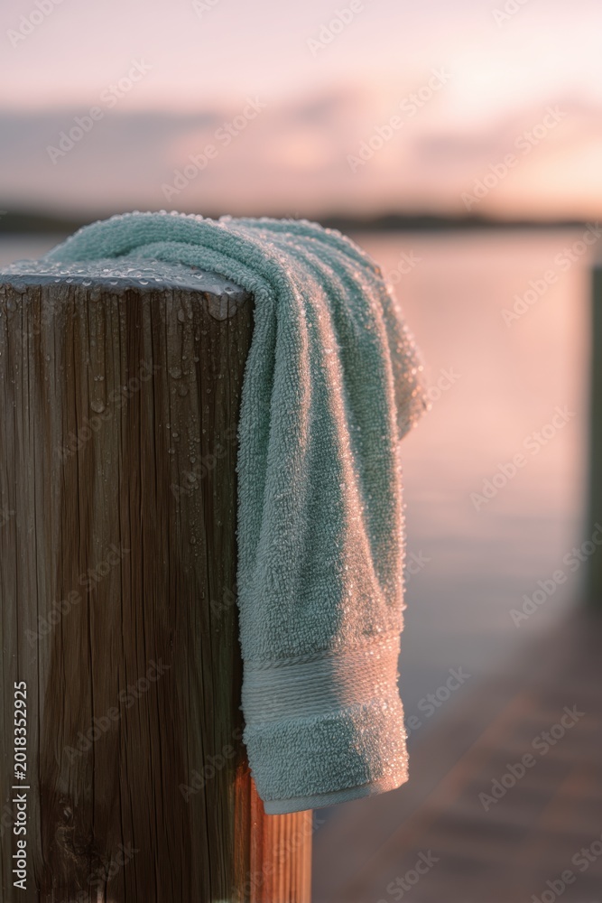Obraz premium Wet towel hanging on wooden pier post at sunset. Soft textile accessory after swimming in ocean. Summer vacation lifestyle concept with coastal scenery and calm mood at dusk.