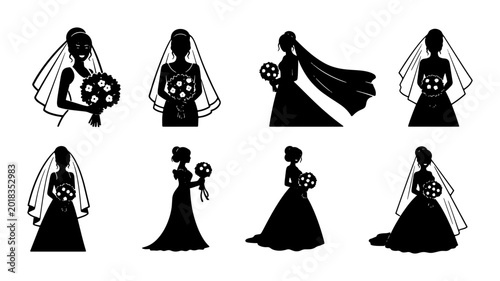 Bild auf Leinwand Bridal Silhouettes Collection, Elegant Bride Vector Icons, Wedding Dress Styles,