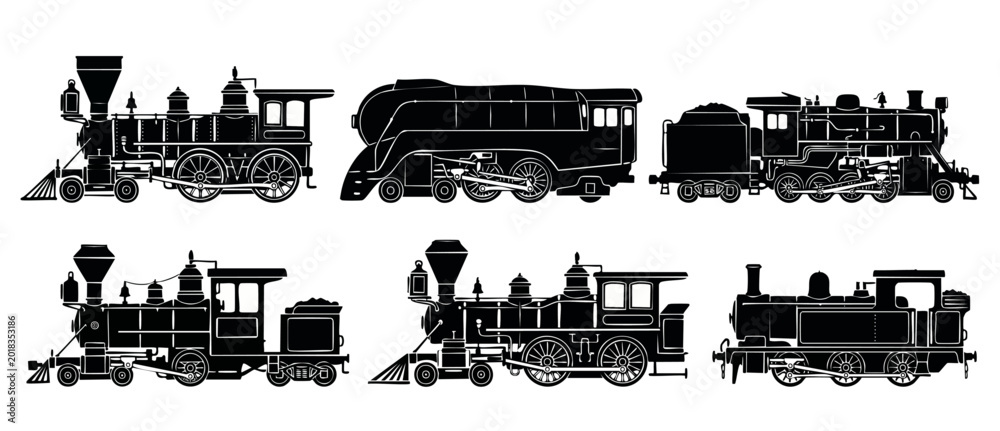 Obraz premium Vintage Steam Locomotive Train Silhouettes Set, Old Classic Railway Engines Icons, Black Vector Collection of Retro Train Transportation Symbols Isolated on White Background for Design and Graphic Pro