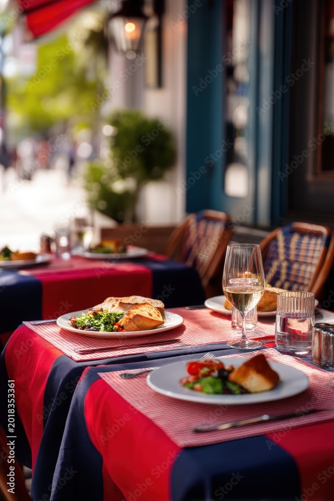 Fototapeta premium Table set at outdoor terrace of french cafe with wine and salad. Bistro catering at city street. Breakfast or lunch service in urban restaurant interior. Travel and vacation concept.