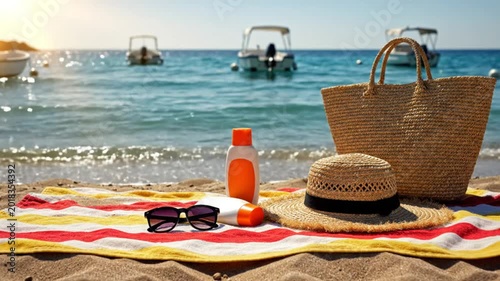 Beach scene with summer accessories including sunglasses, sunscreen, hat, and bag with boats and ocean in the background