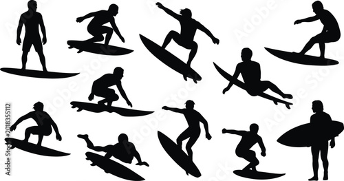 Canvas Print Surfers riding waves silhouettes on white background