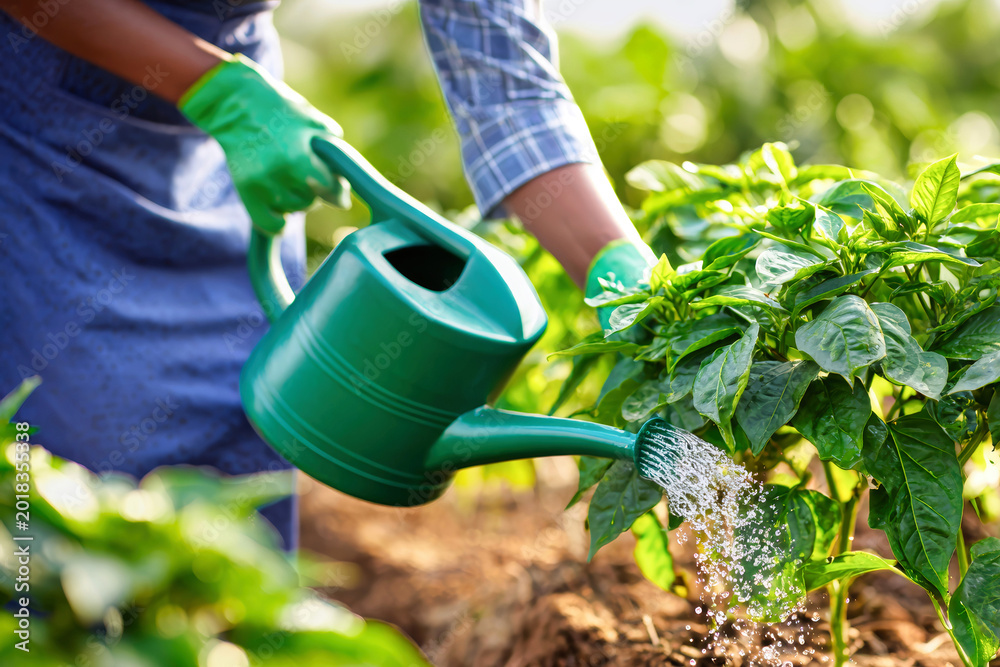 Fototapeta premium A female farmer in a blue apron waters pepper seedlings in a sunny field. She pours water from a green watering can, nurturing the growing plants