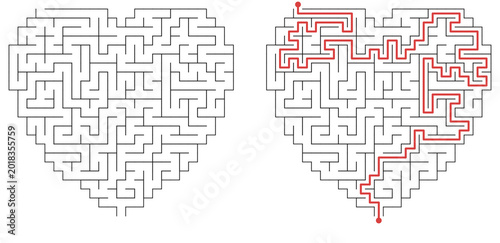 Heart shaped maze labyrinth puzzle with highlighted solution path isolated on transparent background. Brain teaser game, logic challenge and problem solving concept for education. PNG