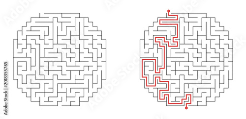 Circular maze labyrinth puzzle with highlighted solution path. Hard difficulty brain teaser isolated on transparent background. Complex logic challenge and problem solving game for education. PNG