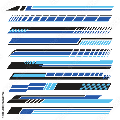 Modern Automotive Blue Racing Stripe Sticker Set Vector Illustration