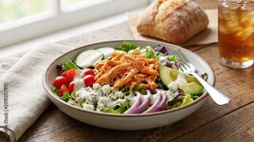 Buffalo chicken salad, appetizing menu dish for restaurant branding, healthy dining editorials, casual food campaigns and polished culinary storytelling, crisp ingredients with vibrant color and fresh
