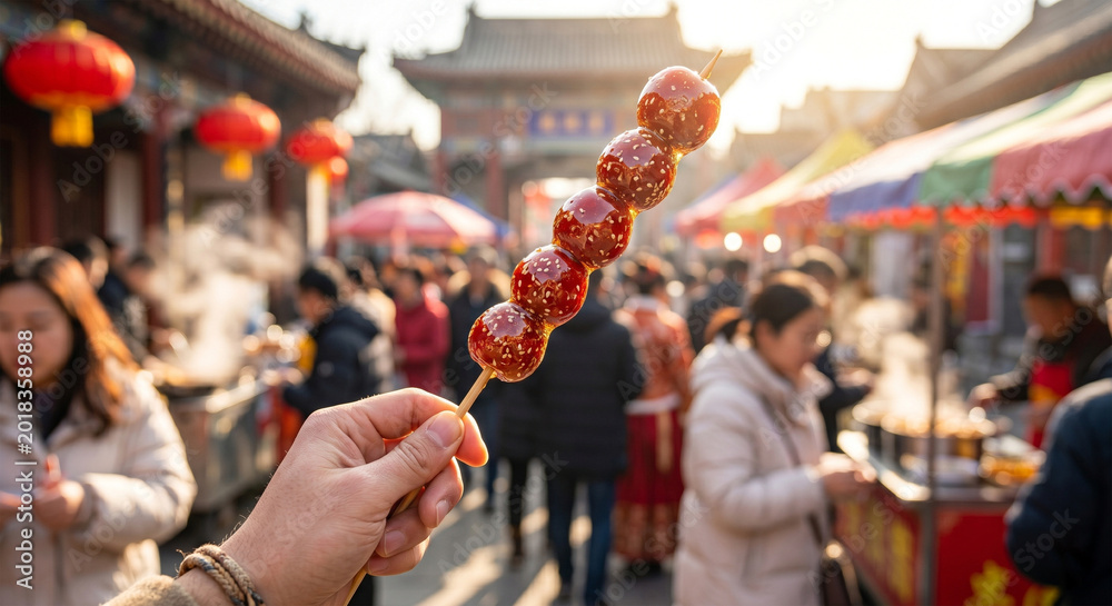 Obraz premium A lifestyle shot of a person’s hand holding a long bamboo skewer of hawthorns against a blurred background of a traditional temple fair. 