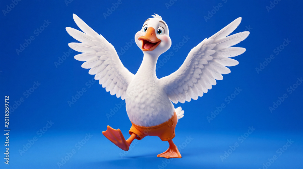 Obraz premium Cartoon duck with wings spread and orange shorts walks on blue background during a cheerful moment