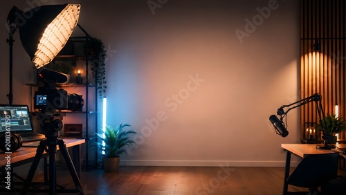 Modern content creator studio with camera softbox microphone laptop and empty copy space wall