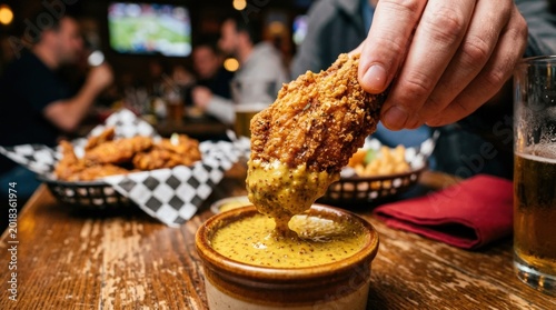 Person dipping a fried chicken wing in mustard, appetizing food close-up with indulgent snack mood and rich texture, ideal for fast food, sports night and menu themes, warm light, realistic sauce
