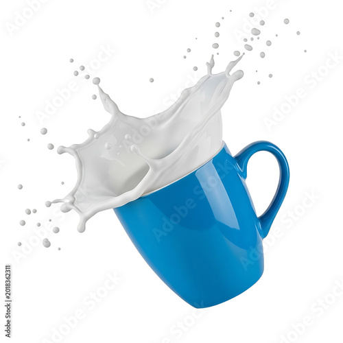 Splashing milk from a blue ceramic mug with dynamic flow and droplets isolated on transparent background