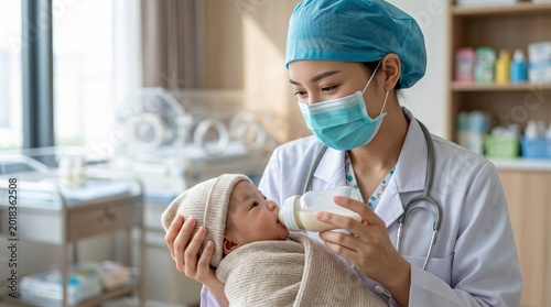 Nurse feeding a newborn baby with a bottle in a hospital nursery setting