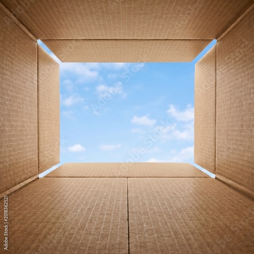 Cardboard box frame showing a clear blue sky with white clouds