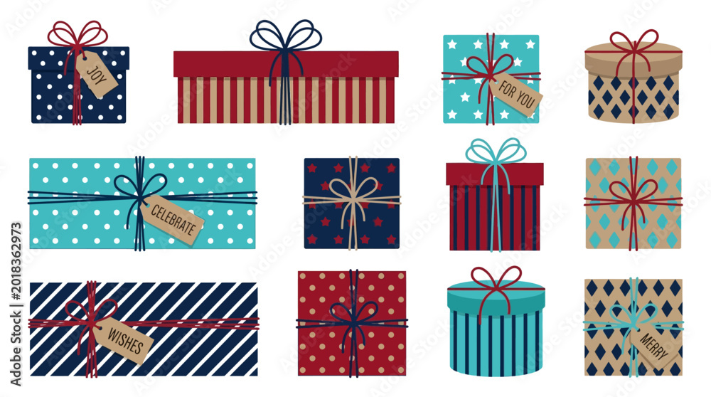 Fototapeta premium Collection of various decorative gift boxes with bows and ribbons.