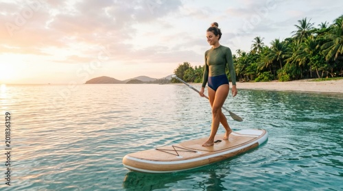 Young woman walking on stand up paddle board by the sea during summer vacation, tropical travel and active lifestyle concept with calm water, coastal freedom and sunrise wellness mood, balanced