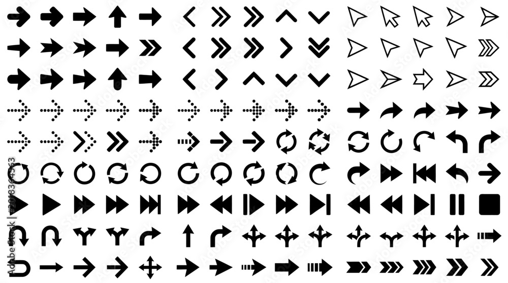 Naklejka premium Large collection of black arrow icons and navigation symbols.