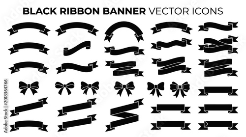 Set of black ribbon banners and bows vector icons.