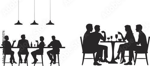 Silhouette Set of People Socializing in a Restaurant, Friends Talking at the Bar, Dining at a Table, Nightlife Lifestyle Icons