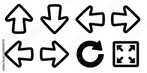 Graphic illustration of various black arrows and a circular refresh icon on a white background, perfect for design and navigation concepts.