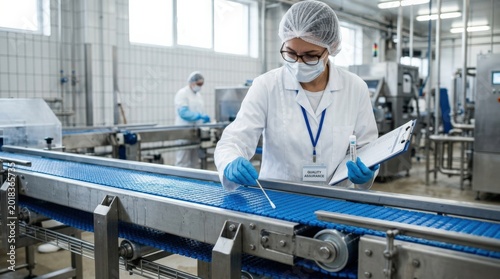 Conveyor belt swabbed for contamination control, food safety inspection, hygiene testing, industrial sanitation, quality assurance and factory compliance, commercial stock photography, authentic