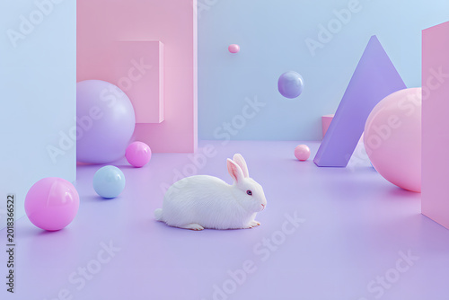 Cute White Rabbit 3D Illustration on Pastel Abstract Background