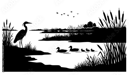 Quadro su tela Wetland landscape silhouette with heron duck reeds and pond wildlife vector illu