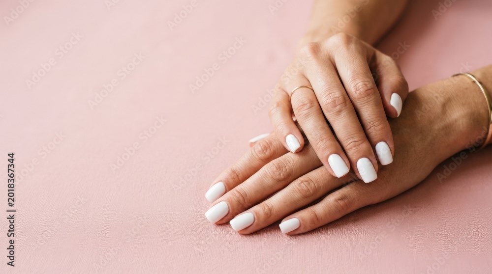 Fototapeta premium Woman’s hands with white manicure on pink background, clean commercial composition for Adobe Stock, useful marketing visual, neutral unbranded setting, copy space, authentic details, balanced layout,