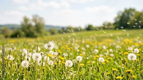 Dandelion meadow with flying blowball particles, summer pollination nature scene for pollen allergy season, fresh green background and calm outdoor copy space, photorealistic detail, soft natural