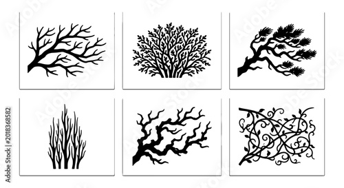 Tableau sur toile Black Silhouette Vector Elements: Twisted Branches, Dense Bush, Swaying Tree, Ta