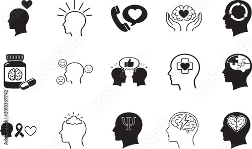 Bild auf Leinwand Mental health and emotional wellbeing thin line icons