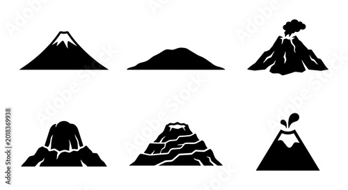Foto Volcano Icons Set, Mountain Silhouettes Collection, Geological Formations Vector