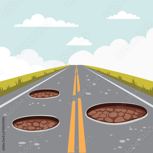 Road with potholes illustration for infrastructure and transportation themes