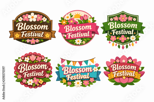Blossom festival badge collection: vibrant seasonal celebration emblems with blooming flowers and decorative ribbons