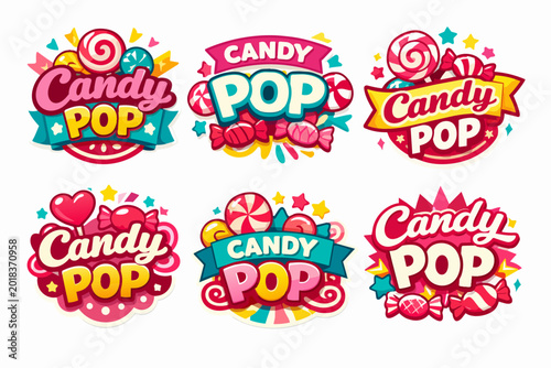 Candy pop label set creating fun branding elements for children's sweets, desserts, and confectionery products
