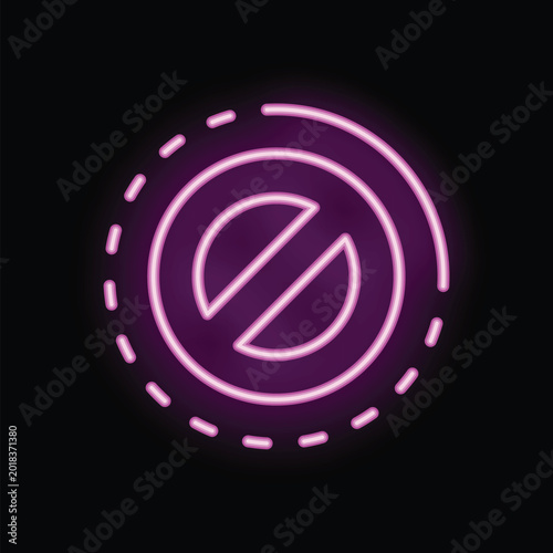 Bright neon pink prohibition sign is glowing on black background with copy space