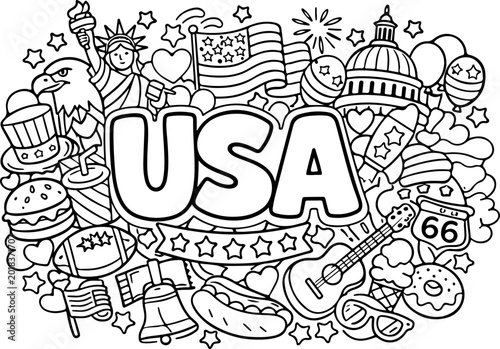 United states of america hand drawn vector illustration doodle art line art coloring page for kids