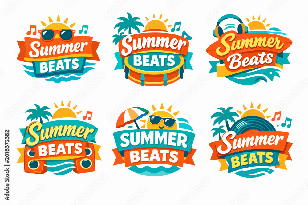 Fototapeta premium Summer beats music festival badges set with sun, palm trees, and audio elements for tropical party events