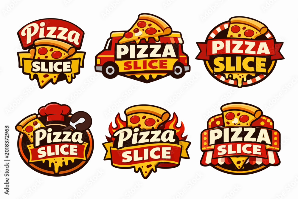 Naklejka premium Pizza slice logos for food businesses, including a delivery truck, chef hat, flames, and striped awning designs