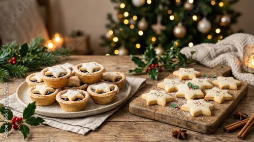 Fruit mince pies and star shape shortbread biscuits cookies in festive holiday background setting, clean background, shallow depth of field, authentic culinary scene, marketable food still life,