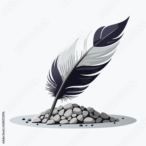 Stylized illustration of a large feather and small stones against a clean backdrop